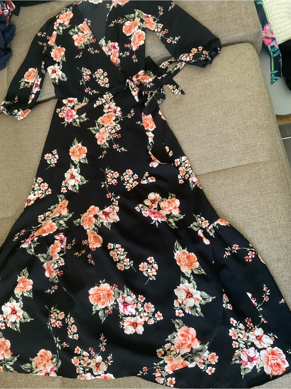 Bar III Black Maxi Wrap Dress with Peach Floral Pattern